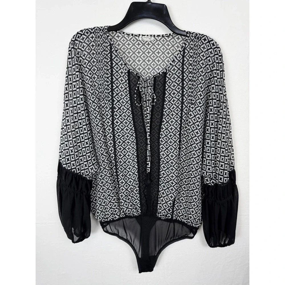 Free People Women's  M Intimately Bodysuit Black White Geometric‎ Patteron